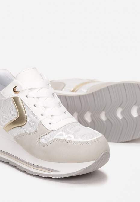 Biało-Złote Sznurowane Sneakersy na Podeszwie z Koturnem Isies 5