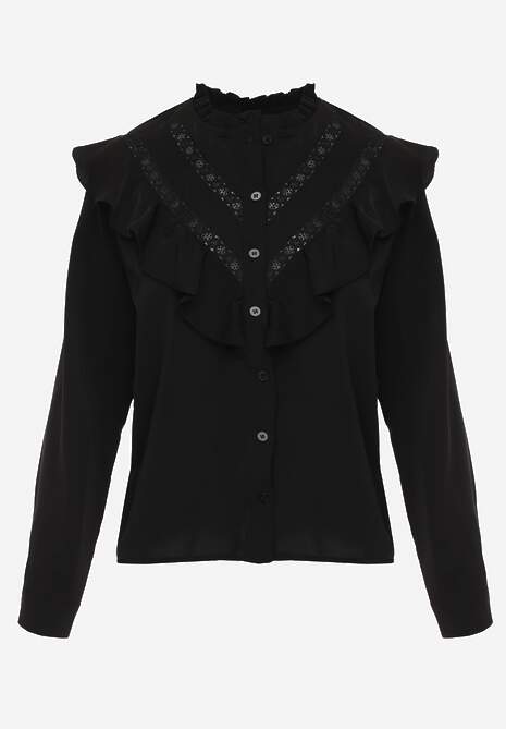 Czarna Koszula z Falbanami i Koronkowymi Wstawkami Eletoma 6