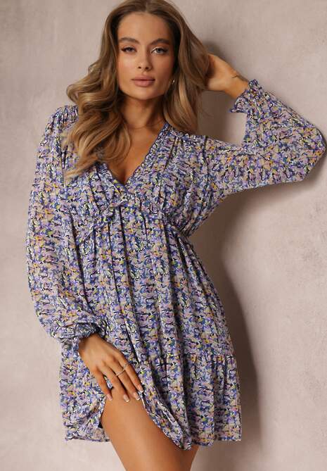 Rochie Mini Evazată Mov cu Flori și Elastic în Talie Antonette 4