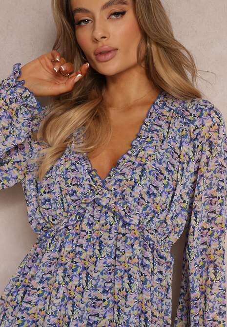 Rochie Mini Evazată Mov cu Flori și Elastic în Talie Antonette 5