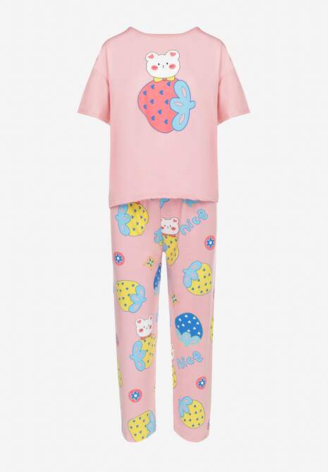 Różowy 3-częściowy Komplet Piżamowy: T-shirt Szorty i Spodnie Nireshe