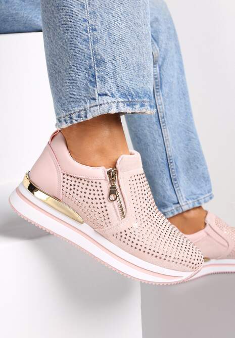 Sneakers Roz Cu Talpă Groasă cu Fermoar și Pietre Soizic