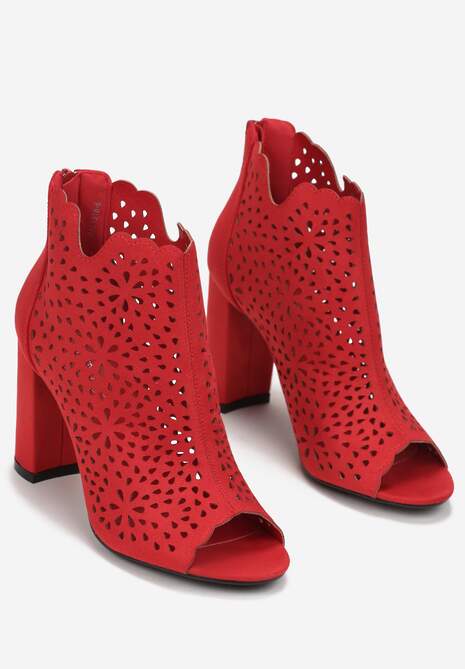Czerwone Ażurowe Botki z Noskiem Peep Toe na Słupkowym Obcasie Zaleah 4