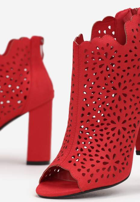 Czerwone Ażurowe Botki z Noskiem Peep Toe na Słupkowym Obcasie Zaleah 5