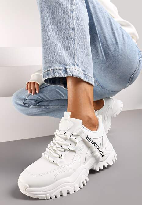 Białe Sneakersy na Grubej Podeszwie z Dekoracyjną Taśmą Ilkins