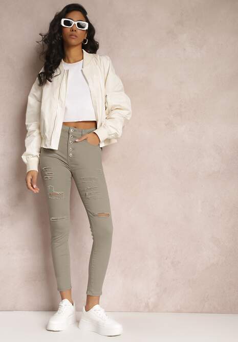 Ciemnobeżowe Jeansy Skinny z Wysokim Stanem Yholo