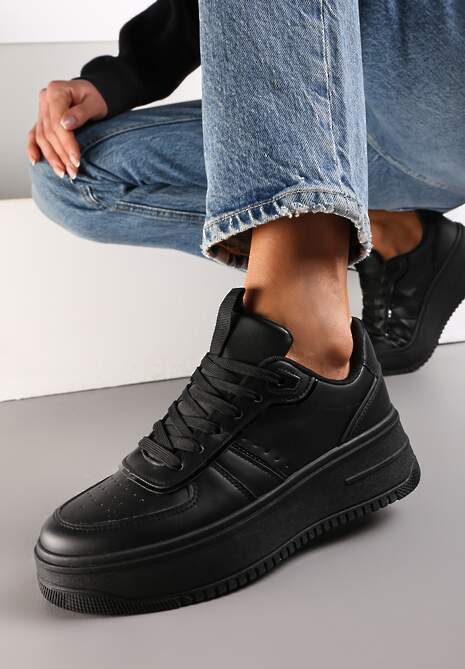 Czarne Sznurowane Sneakersy na Grubej Podeszwie Salsabil