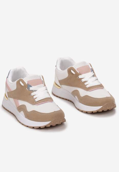 Beżowo-Białe Sznurowane Sneakersy na Płaskiej Podeszwie Salisa 4
