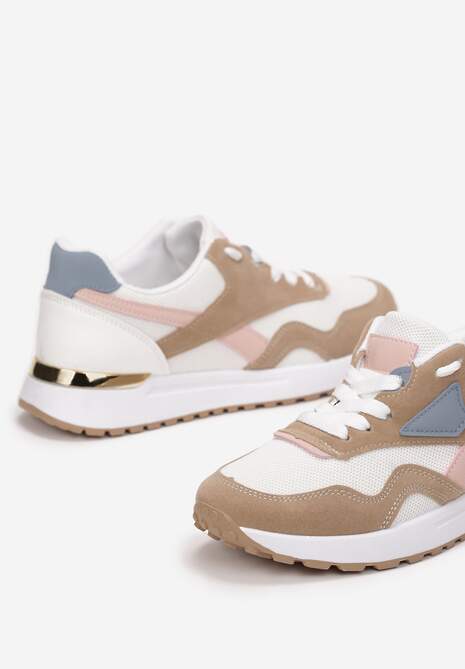 Beżowo-Białe Sznurowane Sneakersy na Płaskiej Podeszwie Salisa 5
