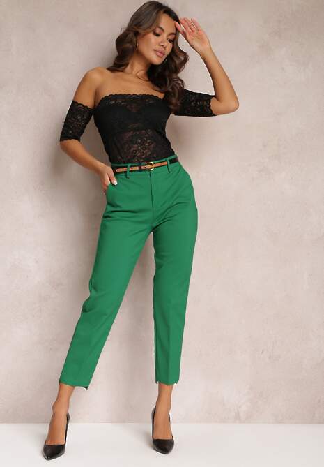 Zielone Garniturowe Spodnie z Dodatkowym Paskiem i Wsuwanymi Kieszeniami Cassanthea