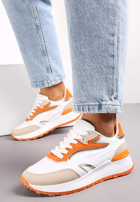 Biało-Pomarańczowe Sznurowane Sneakersy na Grubej Podeszwie Kylynn