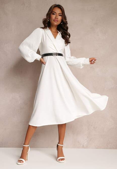 Biała Rozkloszowana Sukienka z Paskiem i Długim Rękawem Malaiyah