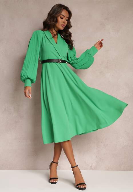 Zielona Rozkloszowana Sukienka z Paskiem i Długim Rękawem Malaiyah