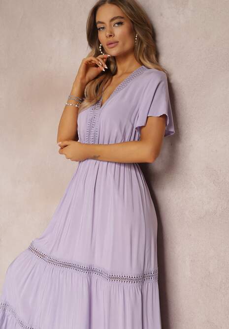 Rochie Violetă Lungă Decorată Inserții Dantelă Elastic Talie Nasma 4