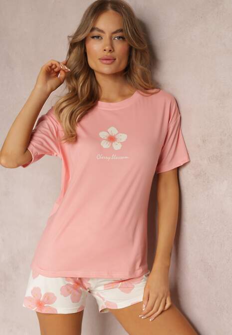 Różowy Komplet Piżamowy z Koszulką z Krótkim Rękawem i Szortami w Kwiaty Faela