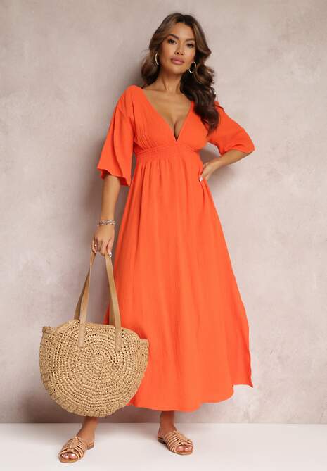 Pomarańczowa Rozkloszowana Sukienka Maxi z Głębokimi Wycięciami i Gumką w Talii Thanthea