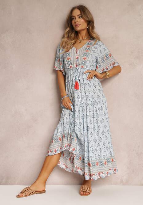 Jasnoniebieska Sukienka Maxi z Krótkim Rękawem i Gumką w Talii Emaya 4