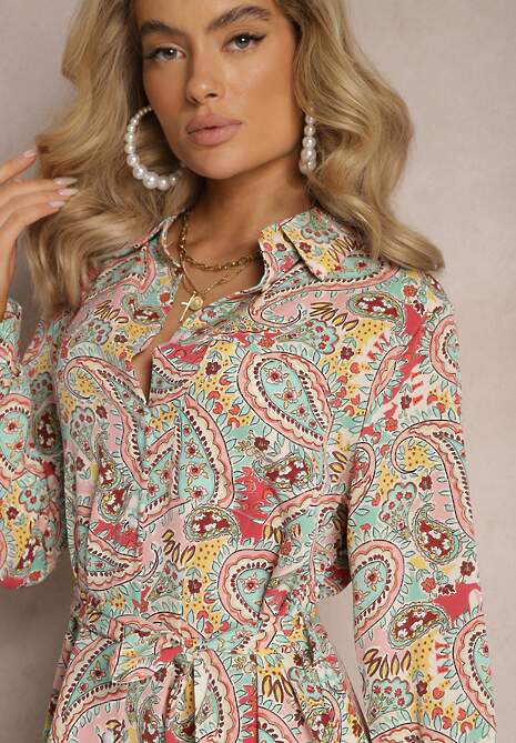 Rochie Cămașă Maxi Roz-Mintă cu Buzunare și Nasturi Merra 5