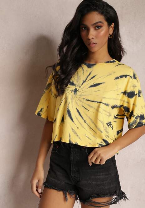 Żółty Krótki T-shirt z Printem Tie-Dye Lanay