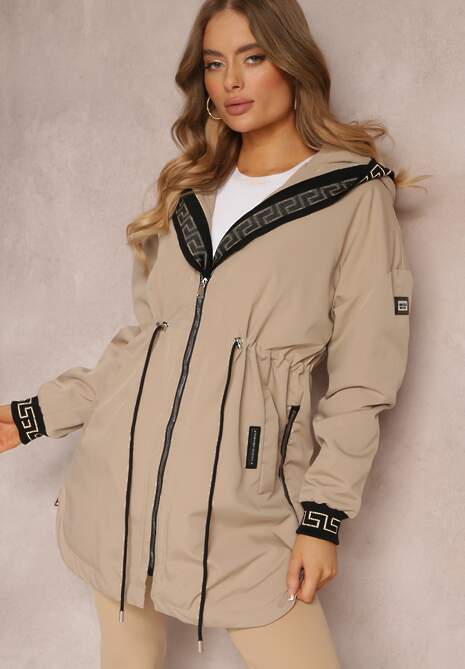 Jachetă parka bej închis cu model geometric pe glugă și mâneci Lidya 4
