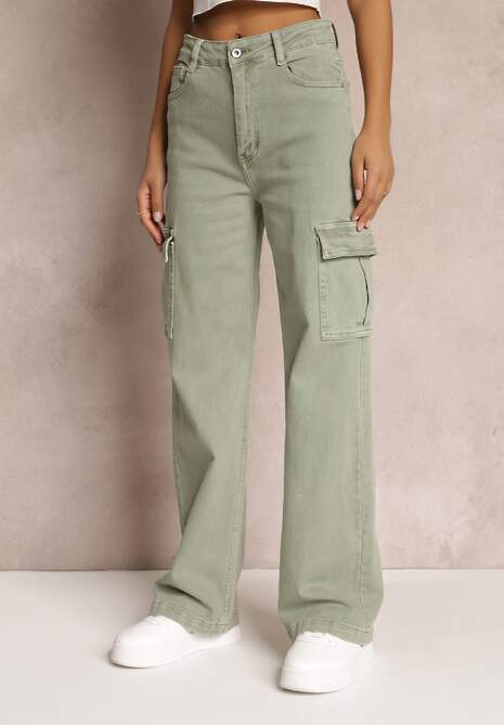 Zielone Jeansy Cargo High Waist z Kieszeniami Anora 4
