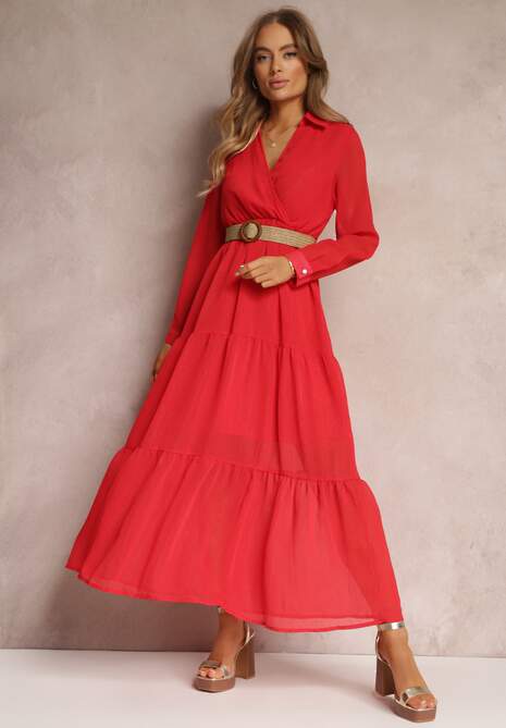 Czerwona Sukienka z Kopertowym Dekoltem i Plecionym Paskiem Velo