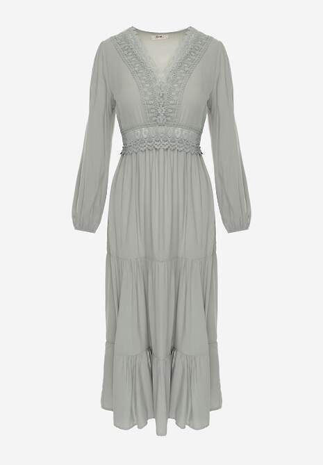 Zielona Sukienka Rozkloszowana z Falbanką i Koronką Kiaya 6