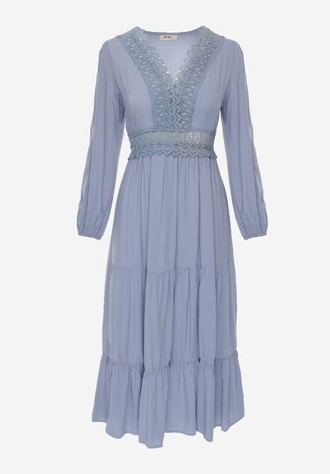 Niebieska Sukienka Rozkloszowana z Falbanką i Koronką Kiaya 6