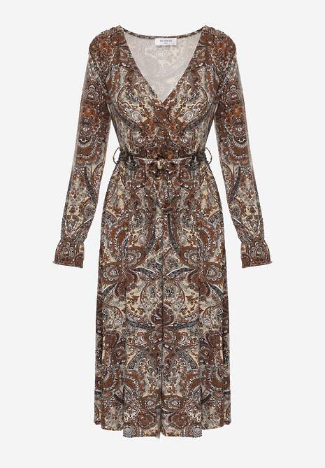 Brązowo-Beżowa Sukienka Midi z Wzorem Paisley i Gumką w Talii Alynthe 6