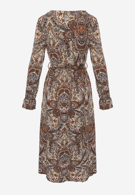 Brązowo-Beżowa Sukienka Midi z Wzorem Paisley i Gumką w Talii Alynthe 7