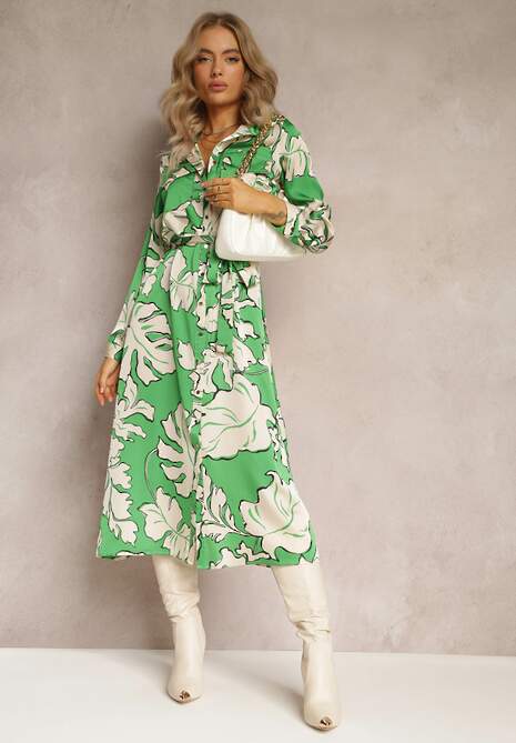 Rochie Cămașă Verde cu Curea de Legat Rume 4