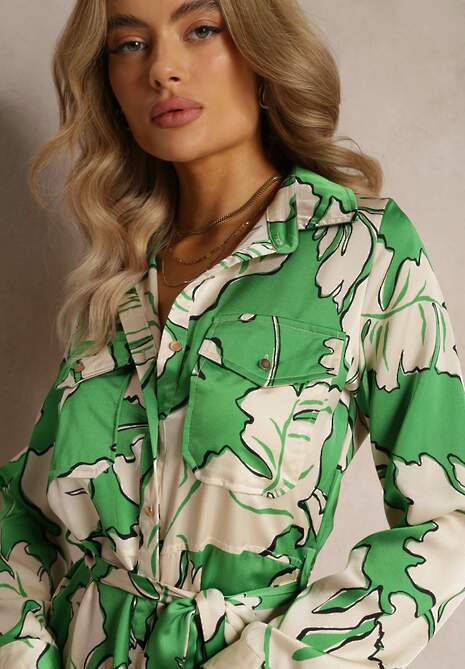 Rochie Cămașă Verde cu Curea de Legat Rume 5