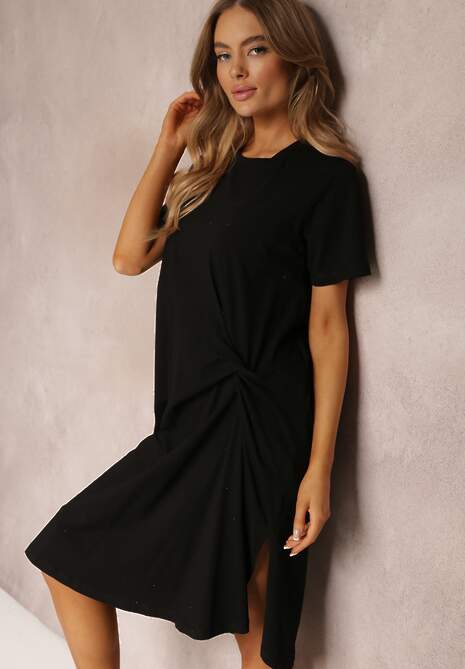 Czarna Sukienka T-shirtowa Oversize z Rozcięciem Diasima 4