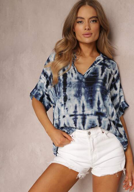 Granatowa Bluzka Oversize z Wiskozy Zdobiona Wzorem Tie-Dye Challine