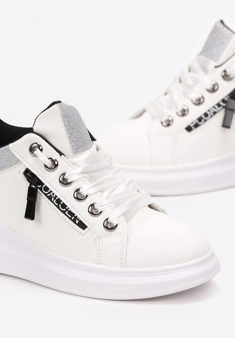 Sneakersi albi cu platformă decorati cu sclipici si fermoar Vilekli 5