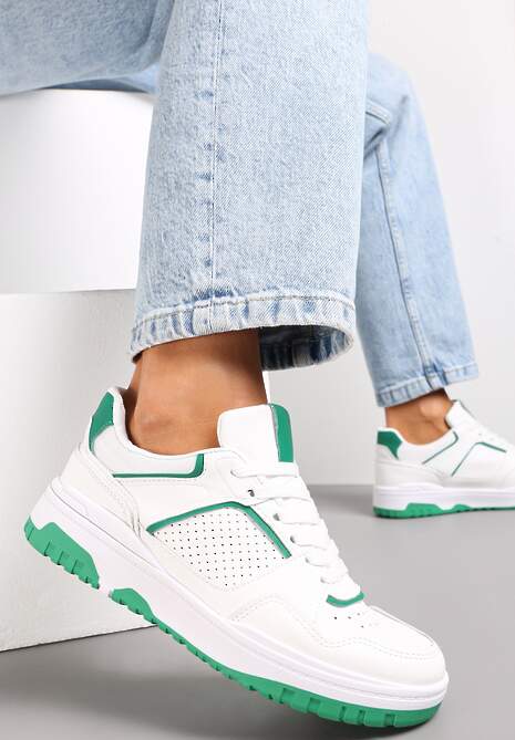 Biało-Zielone Sznurowane Sneakersy Ozdobione Perforacją Iosatisa