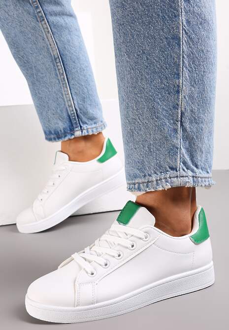 Biało-Zielone Sneakersy Przed Kostkę na Płaskiej Podeszwie Berata