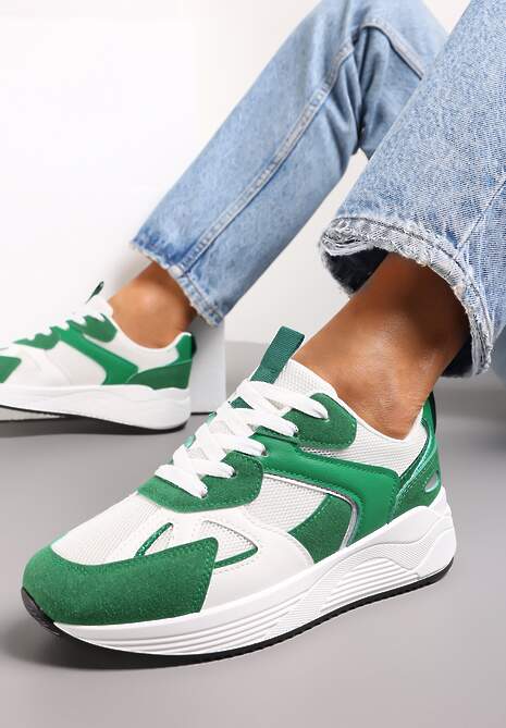 Biało-Zielone Sneakersy na Grubej Podeszwie Zdobione Wstawkami Mediva