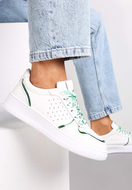 Biało-Zielone Sneakersy z Kolorowymi Sznurówkami i Metalicznymi Wstawkami Lania