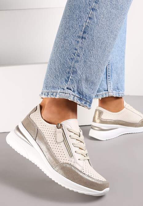 Beżowo-Złote Skórzane Sneakersy na Ozdobnym Koturnie ze Sznurowaniem i Suwakiem Felline