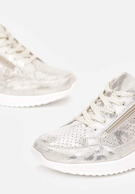 Złote Skórzane Sneakersy na Ozdobnym Koturnie ze Sznurowaniem i Suwakiem Felline 5