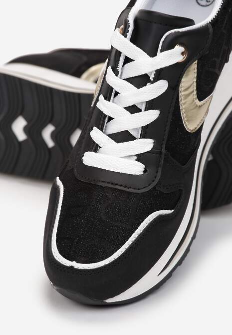Czarno-Białe Sznurowane Sneakersy na Podeszwie z Koturnem Isies 5