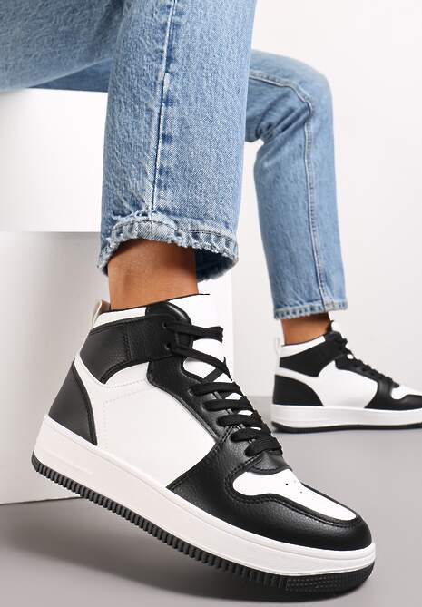 Czarno-Białe Sneakersy Sznurowane za Kostkę z Perforacją Filomena