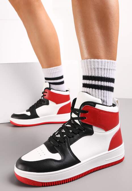 Biało-Czerwone Sneakersy Sznurowane za Kostkę z Perforacją Filomena