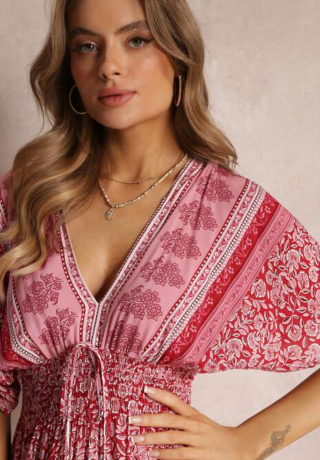 Różowo-Czerwona Sukienka Mini z Wiskozy w Kwiatki z Gumkami w Talii i Szerokim Rękawem Themmo 5