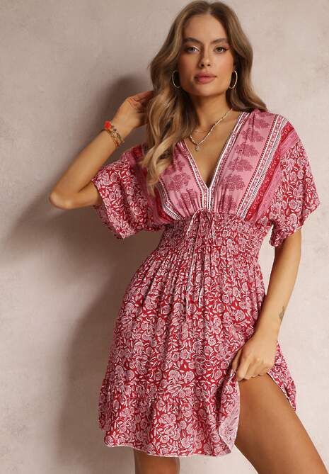 Różowo-Czerwona Sukienka Mini z Wiskozy w Kwiatki z Gumkami w Talii i Szerokim Rękawem Themmo