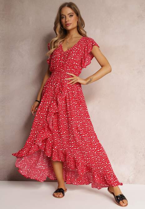 Czerwona Sukienka Maxi z Gumką w Talii i Falbankami na Dole i Przy Ramionach Shemo