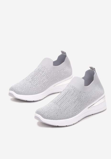 Szare Wsuwane Sneakersy na Niskim Koturnie Zdobione Cyrkoniami Taslah 4