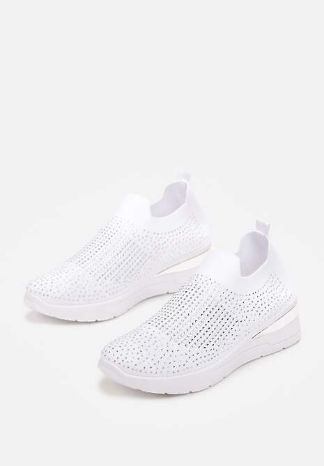 Białe Wsuwane Sneakersy na Niskim Koturnie Zdobione Cyrkoniami Taslah 4