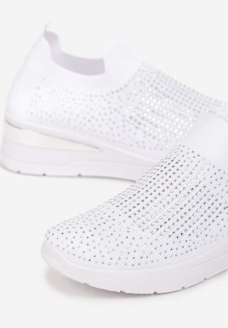 Białe Wsuwane Sneakersy na Niskim Koturnie Zdobione Cyrkoniami Taslah 5